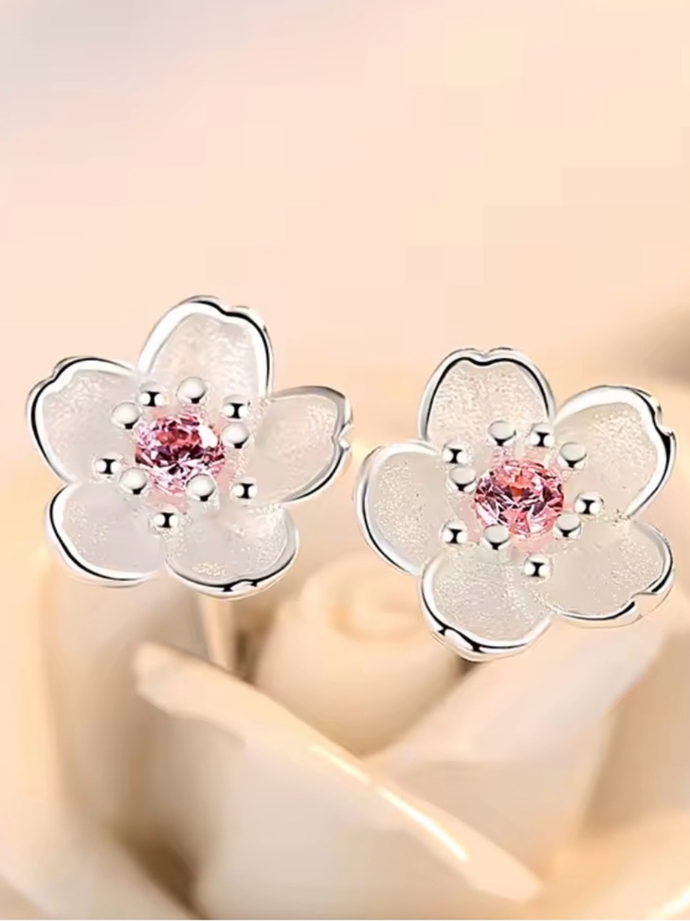 Sakura CZ Pink Cherry Blossom Stud Earrings Silver Tone Flower Posts NEW